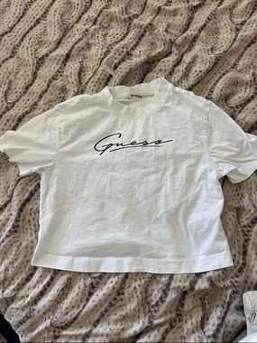 Guess White Cropped Tee with Black Script Logo